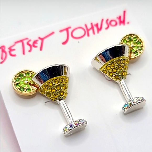 Fun, Summer, Martini Stud Earrings, Betsy J., Silver-tone,Sparkle Crystals, NWT - Picture 5 of 11